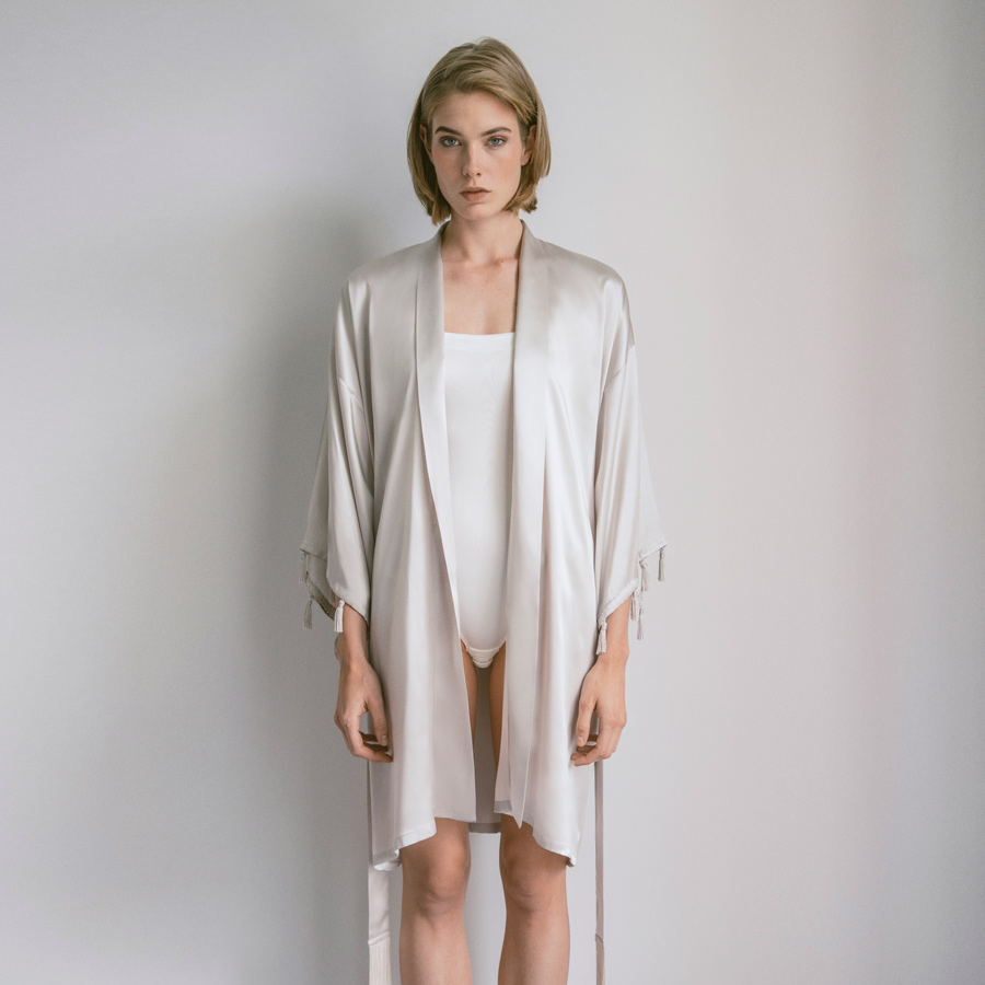 Silver Swan Silk Satin Kimono