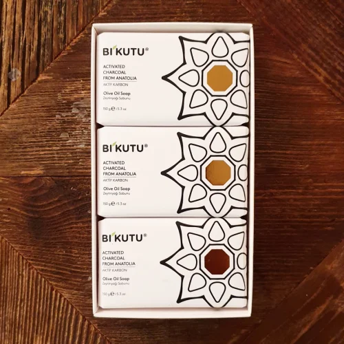 BiKutu - Natural Soap With Olive Oil 3 In 1 Box. Includes 3pcs Active Carbon Charcoal Soap