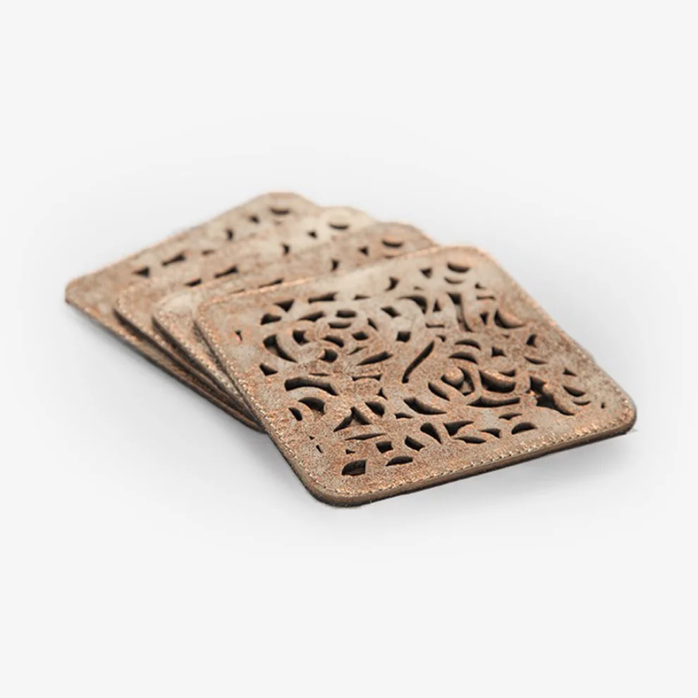 Estetik Decor - Square Graven Beige Leather Coaster