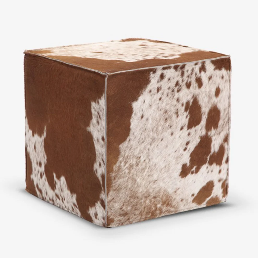 Estetik Decor - Cube Natural Sığır Tüylü Kahve Beyaz Puf