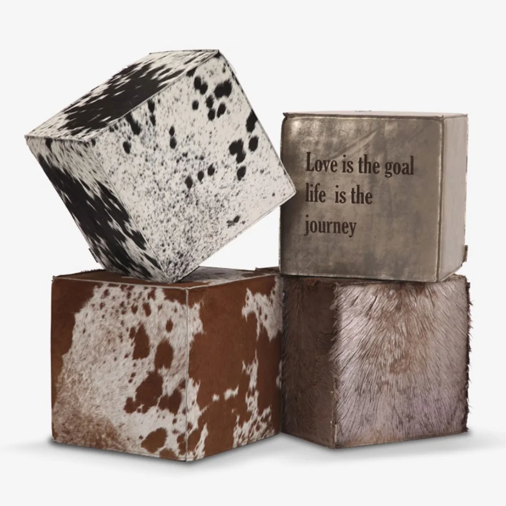 Estetik Decor - Cube Natural Brown Whıte Cowhairon Leather Pouf