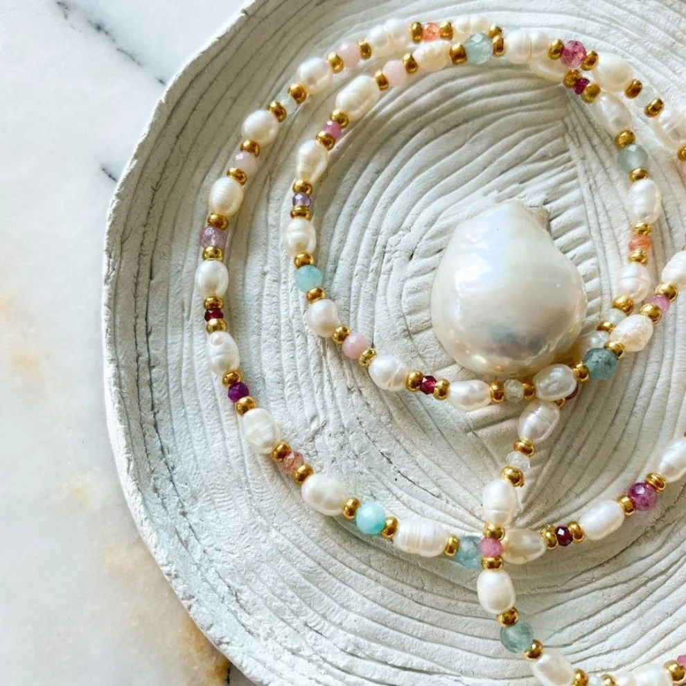 Bonjouk Studio - Lulu Natural Stone & Baroque Pearl Necklace | Double Trouble Collection