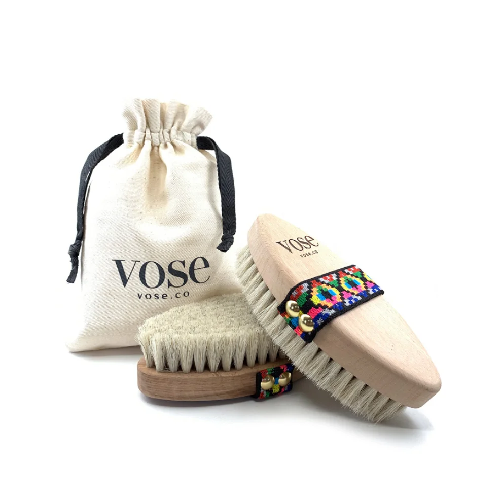 Vose - Original Horse Hair Dry Face and Body Brush (Tulip) Set - Natural Exfoliating Face & Body Brush