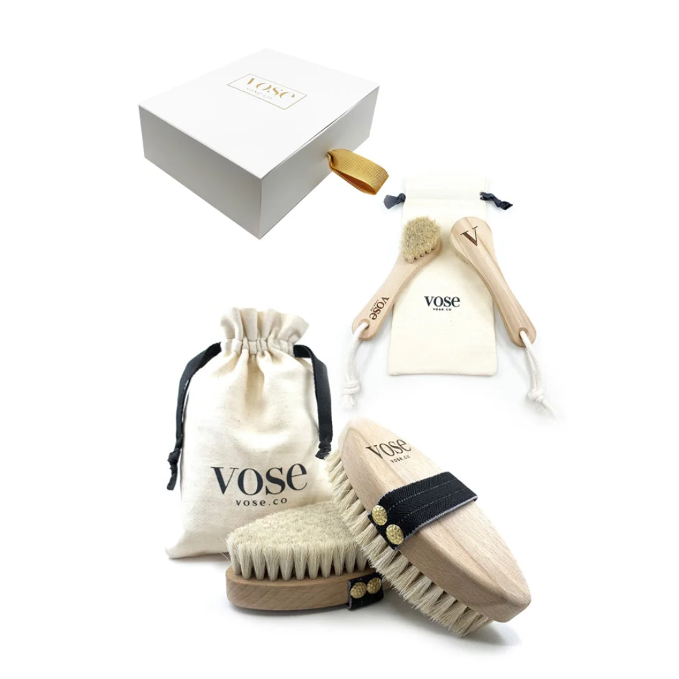 Vose - Original Horse Hair Dry Face and Body Brush (Tulip) Set - Natural Exfoliating Face & Body Brush