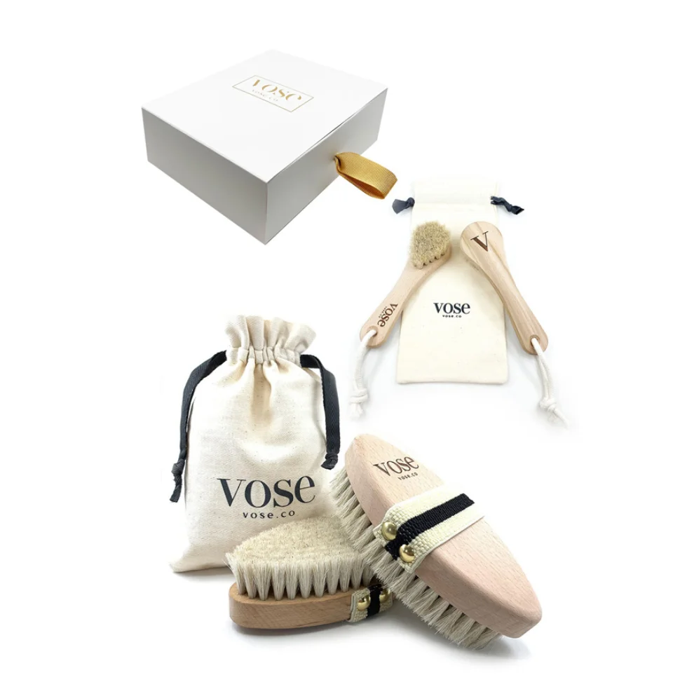 Vose - Original Horse Hair Dry Face and Body Brush (Tulip) Set - Natural Exfoliating Face & Body Brush