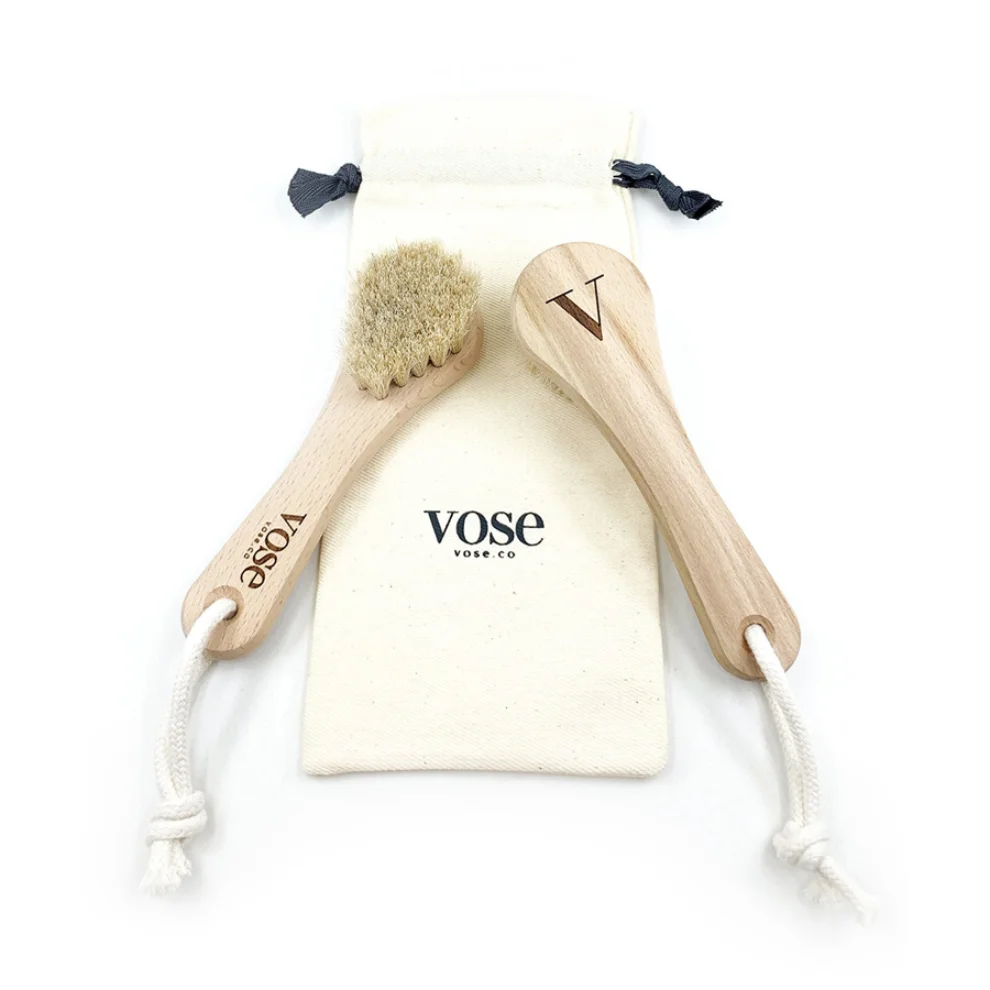 Vose - Original Horse Hair Dry Face | Body Brush Set & Natural 100% Nail Brush- Natural Exfoliating Face | Body Brush
