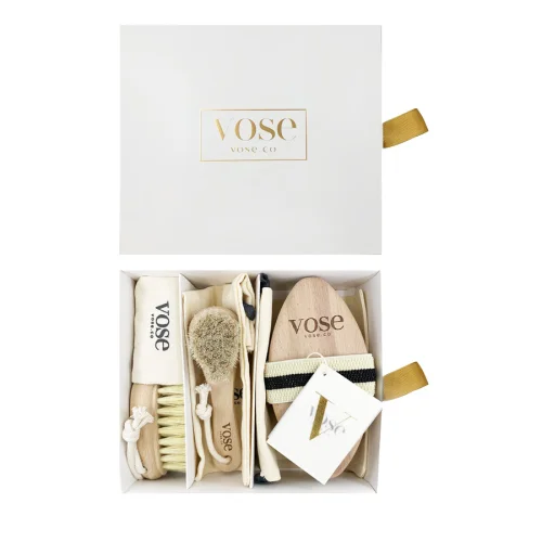 Vose - Original Horse Hair Dry Face | Body Brush Set & Natural 100% Nail Brush- Natural Exfoliating Face | Body Brush