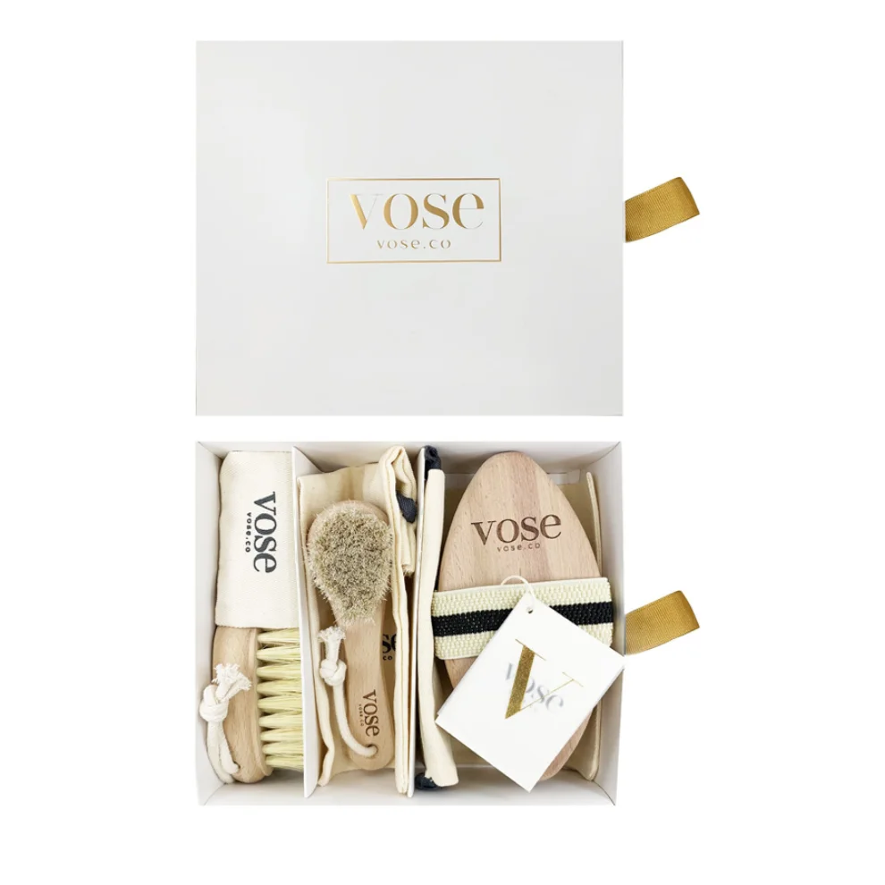 Vose - Original Horse Hair Dry Face | Body Brush Set & Natural 100% Nail Brush- Natural Exfoliating Face | Body Brush