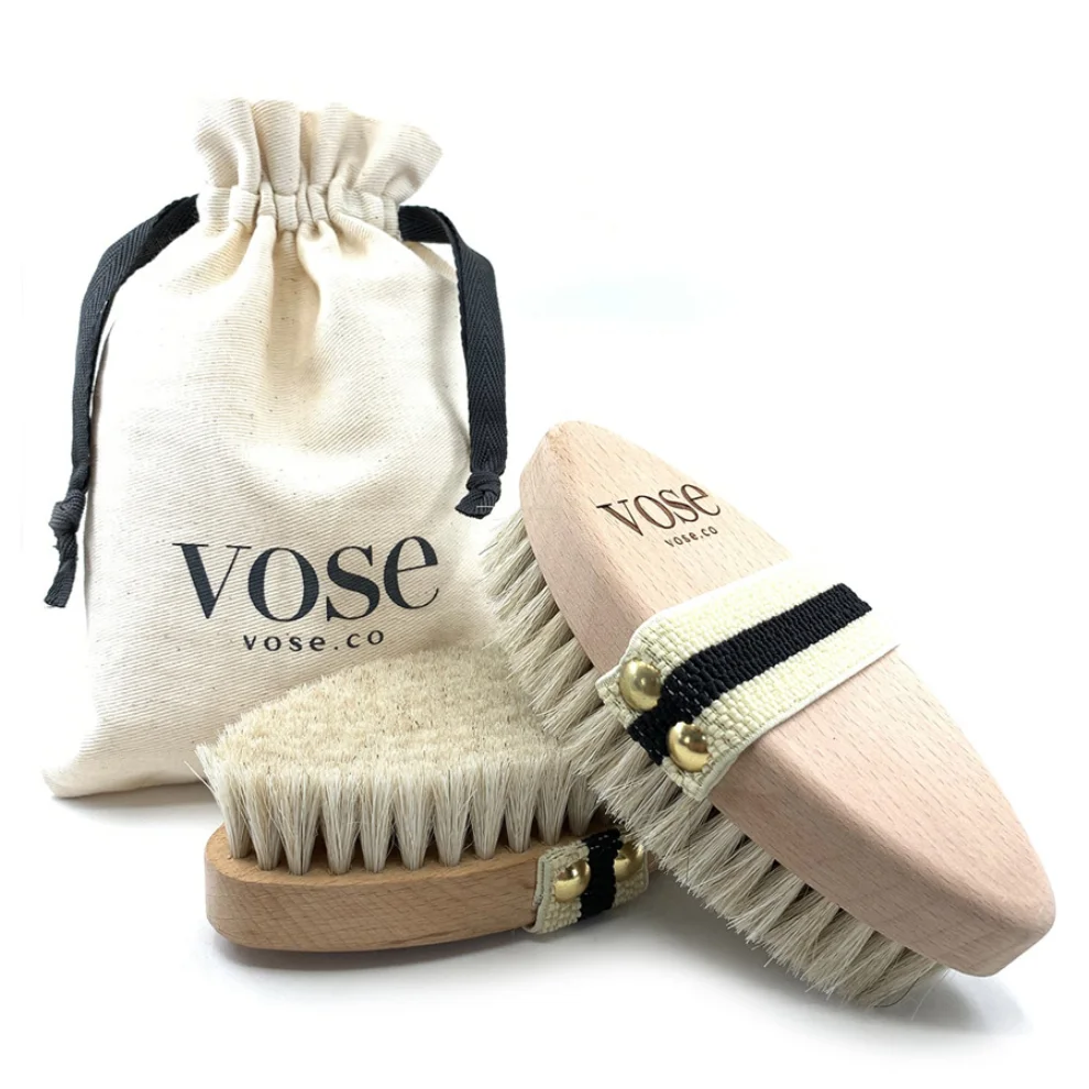 Vose - Original Horse Hair Dry Face | Body Brush Set & Natural 100% Nail Brush- Natural Exfoliating Face | Body Brush