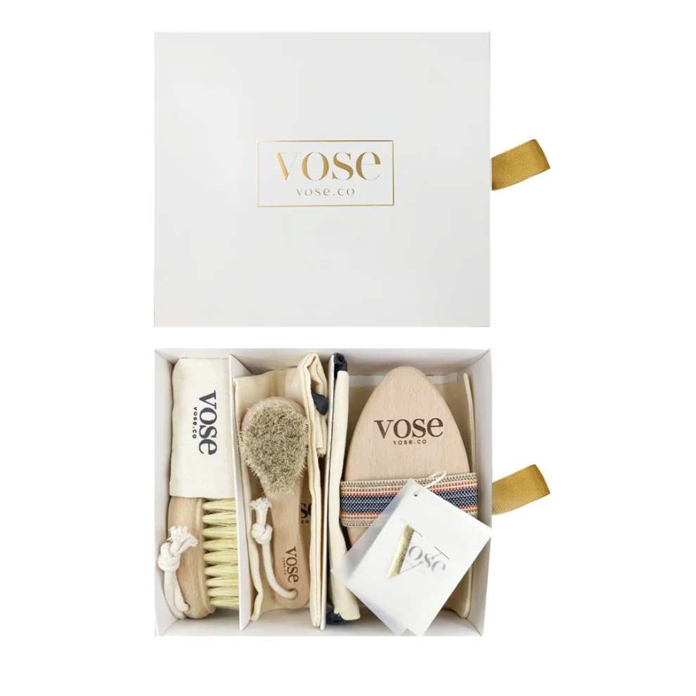 Vose - Original Horse Hair Dry Face | Body Brush Set & Natural 100% Nail Brush- Natural Exfoliating Face | Body Brush