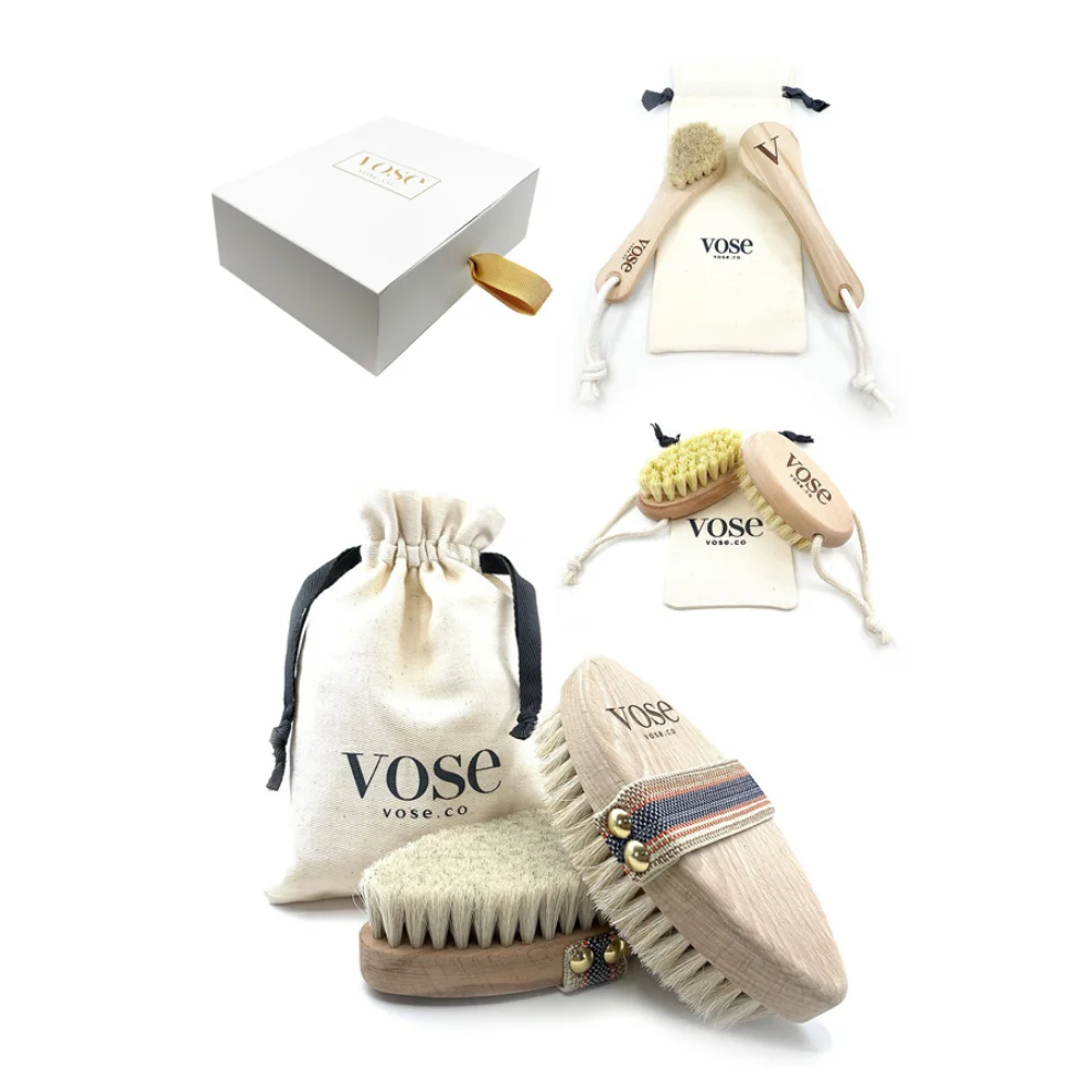 Vose - Original Horse Hair Dry Face | Body Brush Set & Natural 100% Nail Brush- Natural Exfoliating Face | Body Brush