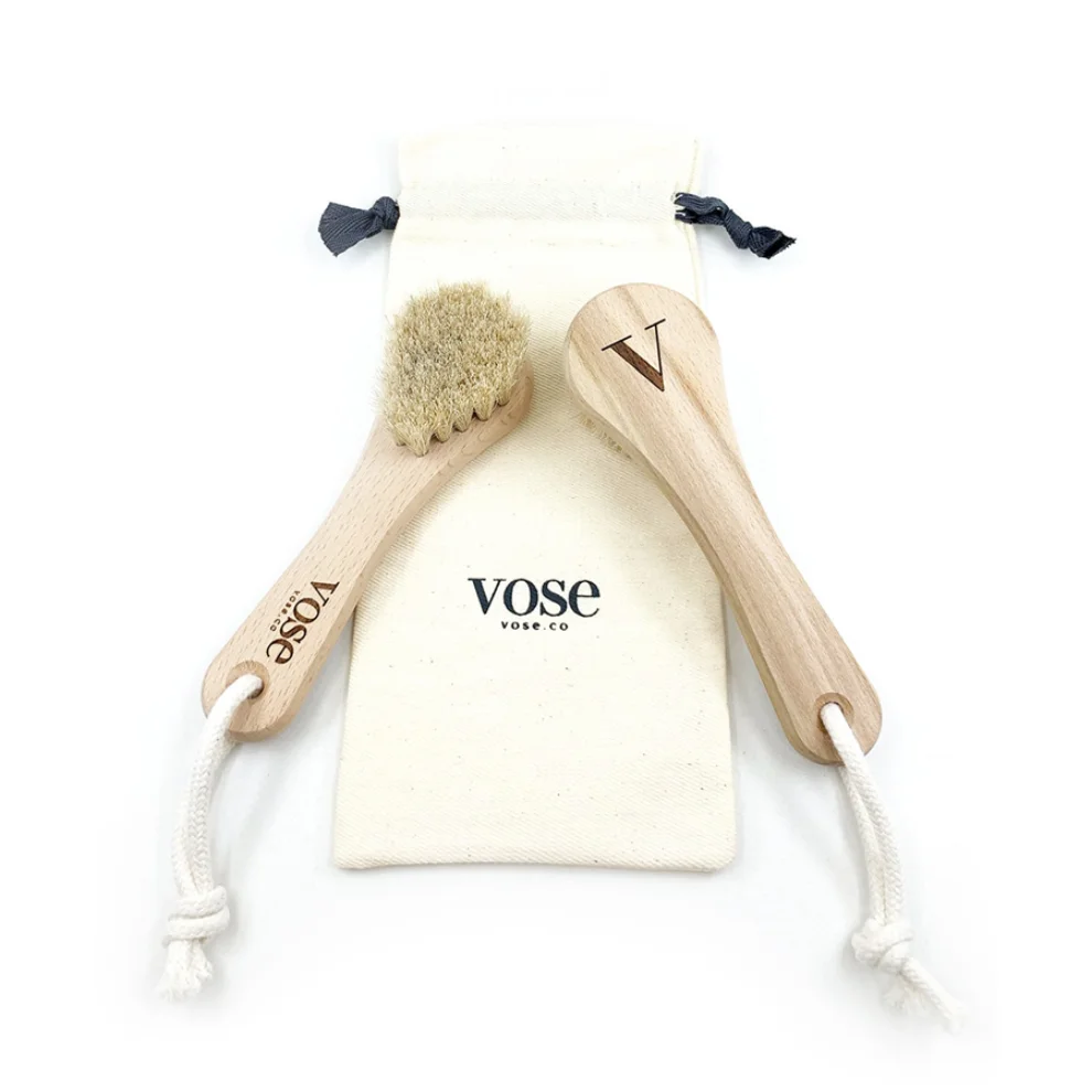 Vose - Original Horse Hair Dry Face | Body Brush Set & Natural 100% Nail Brush- Natural Exfoliating Face | Body Brush