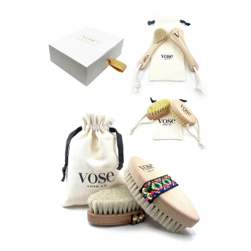 Vose - Original Horse Hair Dry Face | Body Brush Set & Natural 100% Nail Brush- Natural Exfoliating Face | Body Brush