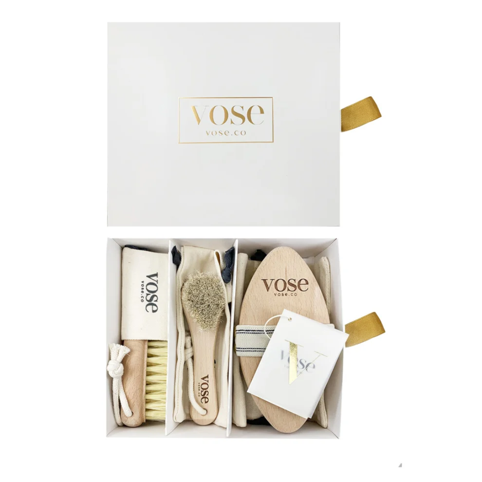 Vose - 3' Lü Set Doğal At Kılı Selülit Fırçası (Vanilla) + Yüz Fırçası + Tırnak Fırçası