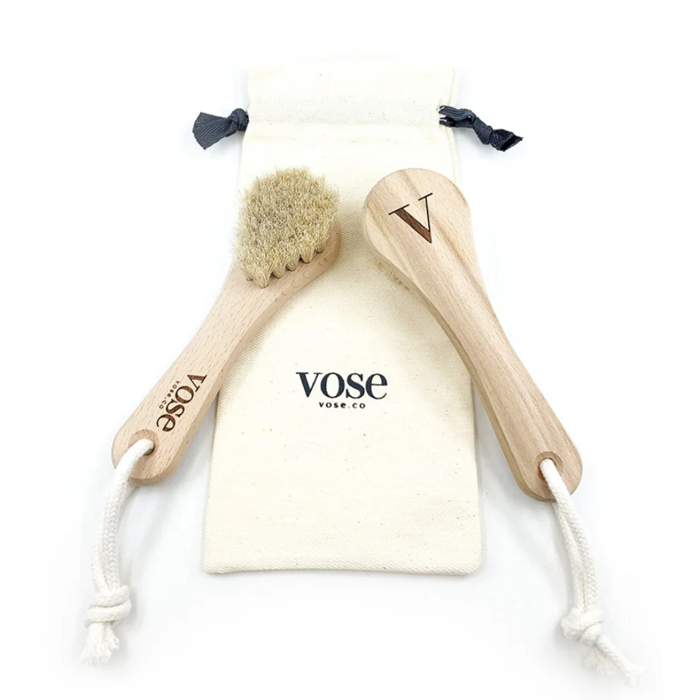 Vose - 3' Lü Set Doğal At Kılı Selülit Fırçası (Vanilla) + Yüz Fırçası + Tırnak Fırçası