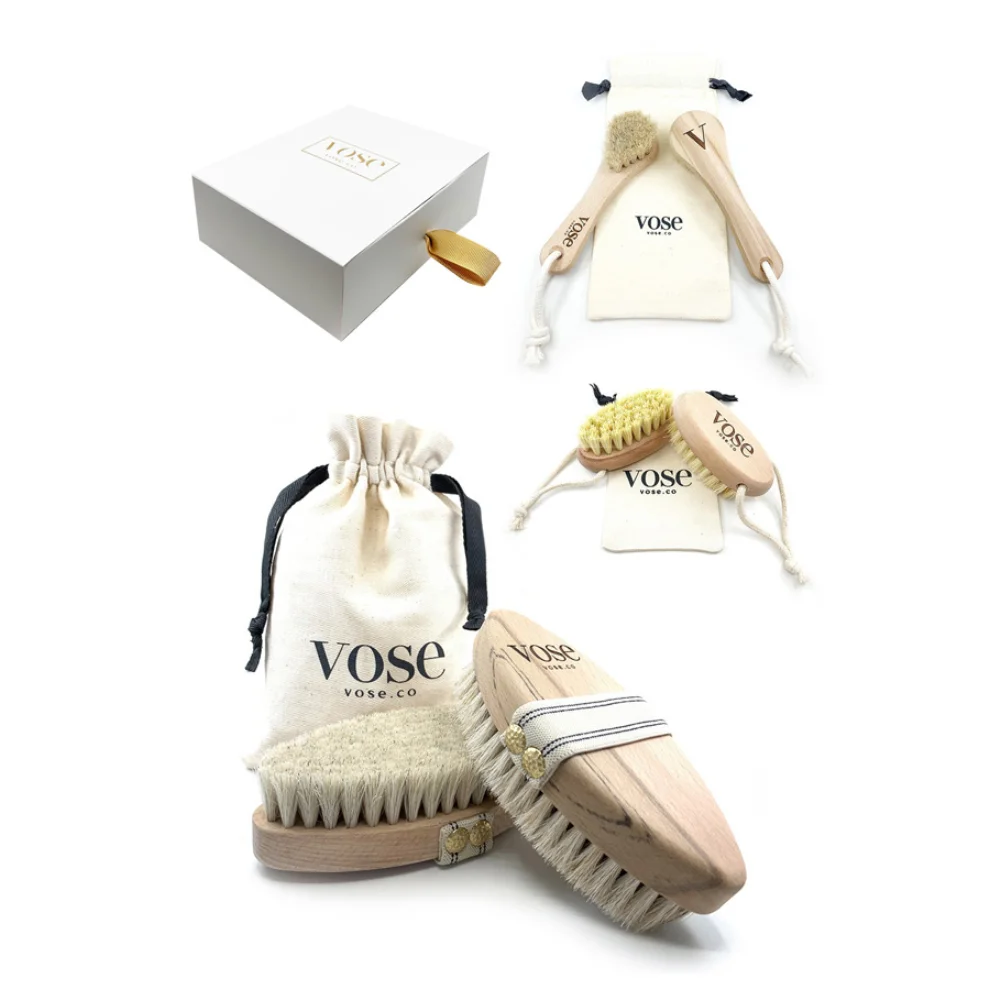 Vose - Original Horse Hair Dry Face | Body Brush Set & Natural 100% Nail Brush- Natural Exfoliating Face | Body Brush