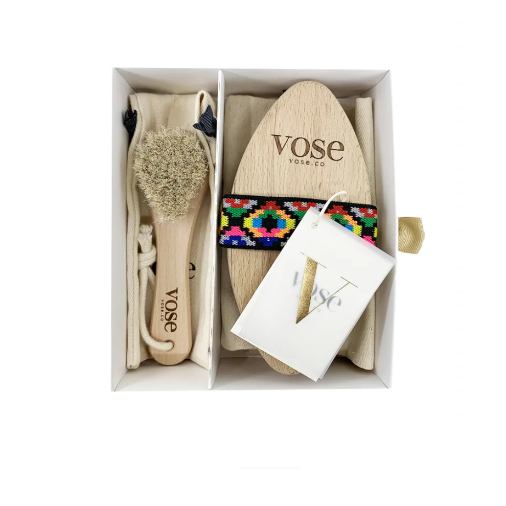 Vose - Original Horse Hair Dry Face and Body Brush (Tulip) Set - Natural Exfoliating Face & Body Brush