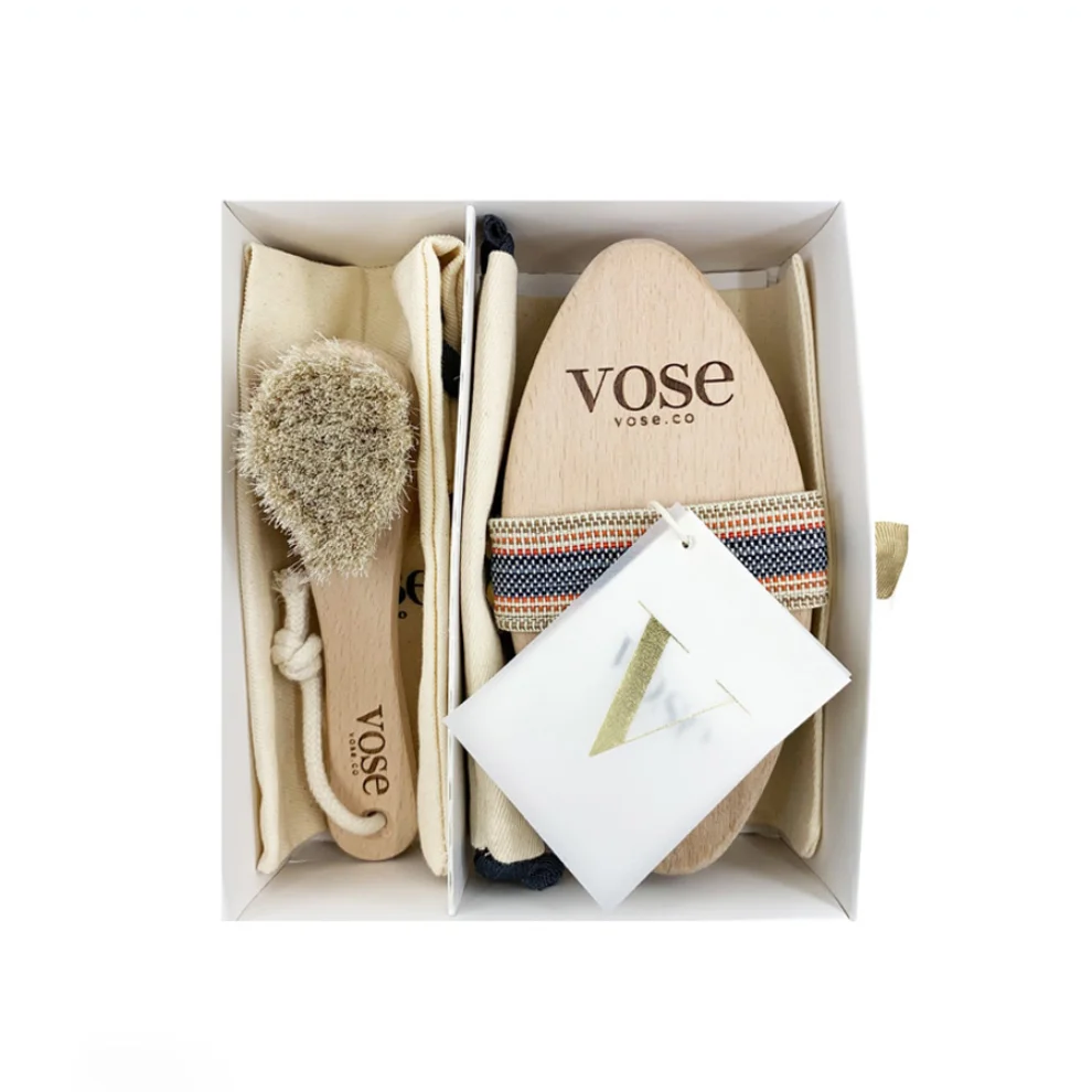 Vose - Original Horse Hair Dry Face and Body Brush (Tulip) Set - Natural Exfoliating Face & Body Brush