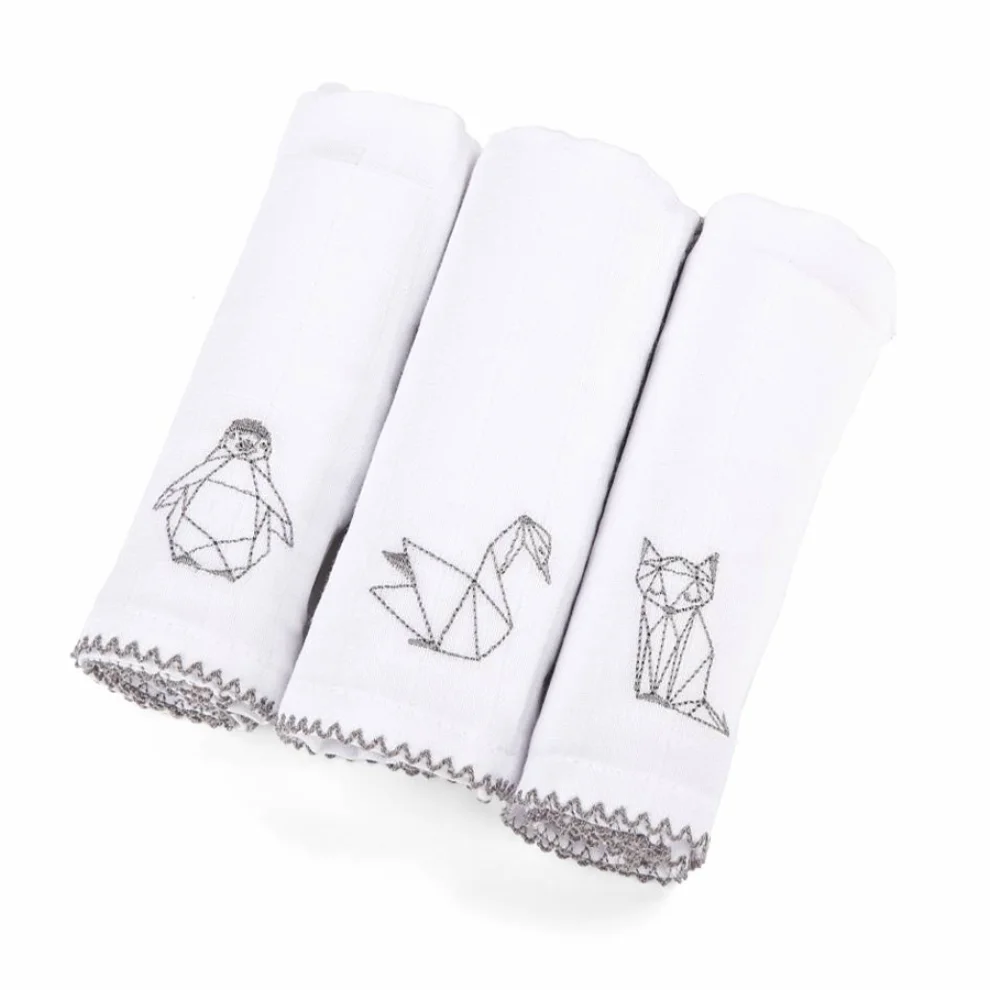 Poetree Kids - Muslin Square Hydrophilic Cloths set of 3 Pieces Origami Embroidery