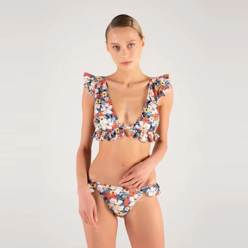 Shikoo Swimwear - Üçgen V Yaka Çiçekli Fırfırlı Bikini