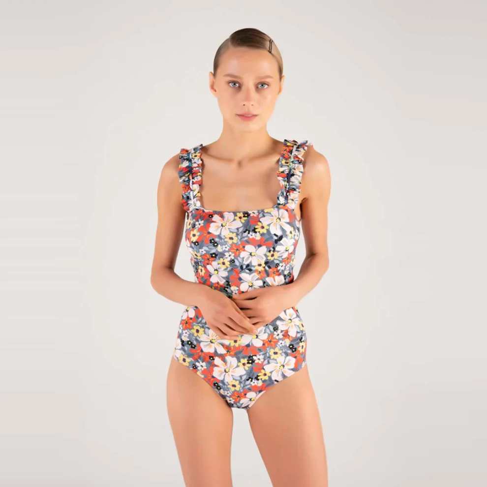Shikoo Swimwear - Strapless Ruffled Strap Floral Swimsuit