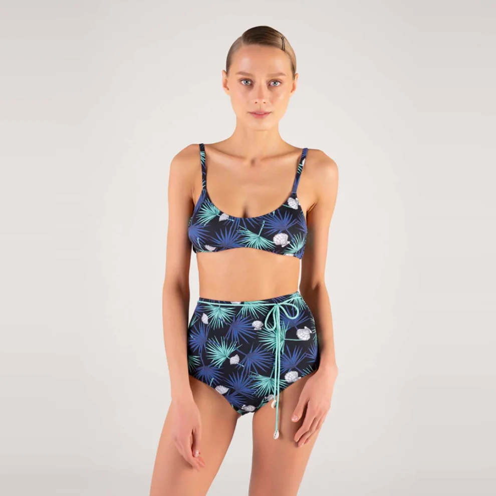 Shikoo Swimwear - Triangle V-Neck Floral Ruffle Navy Blue Bikini