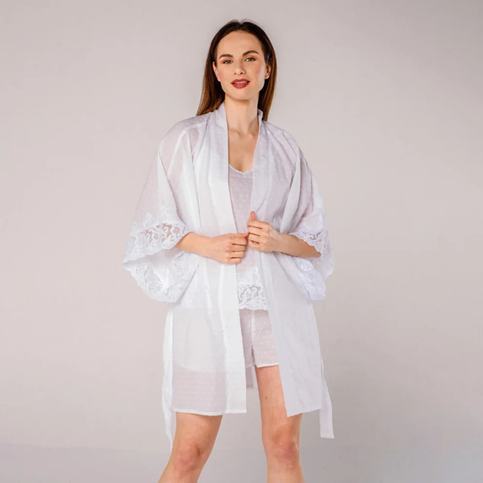 Miespiga - Pearl Lace Shorts Pajamas and Kimono Set