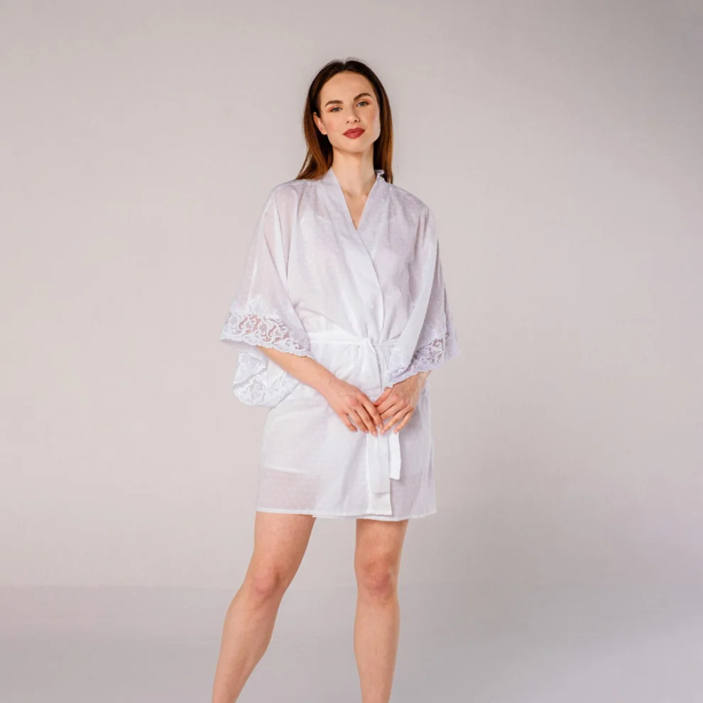 Miespiga - Pearl Lace Shorts Pajamas and Kimono Set