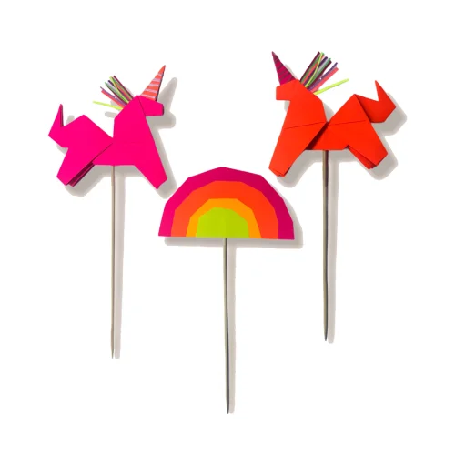 BalinMandalin - Unicorn and Rainbow Origami Cake Topper, 3 in a package