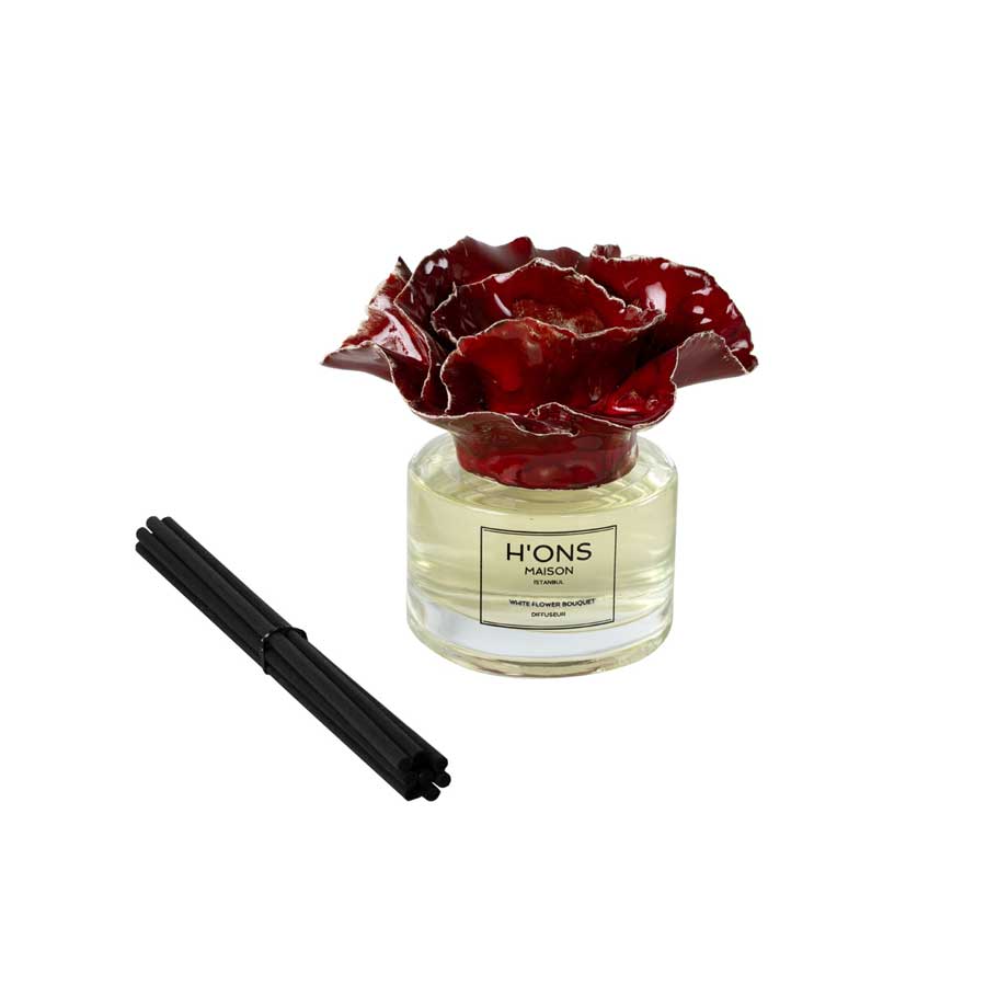 White Flower Bouquet Diffuser Set With Bright Red Top