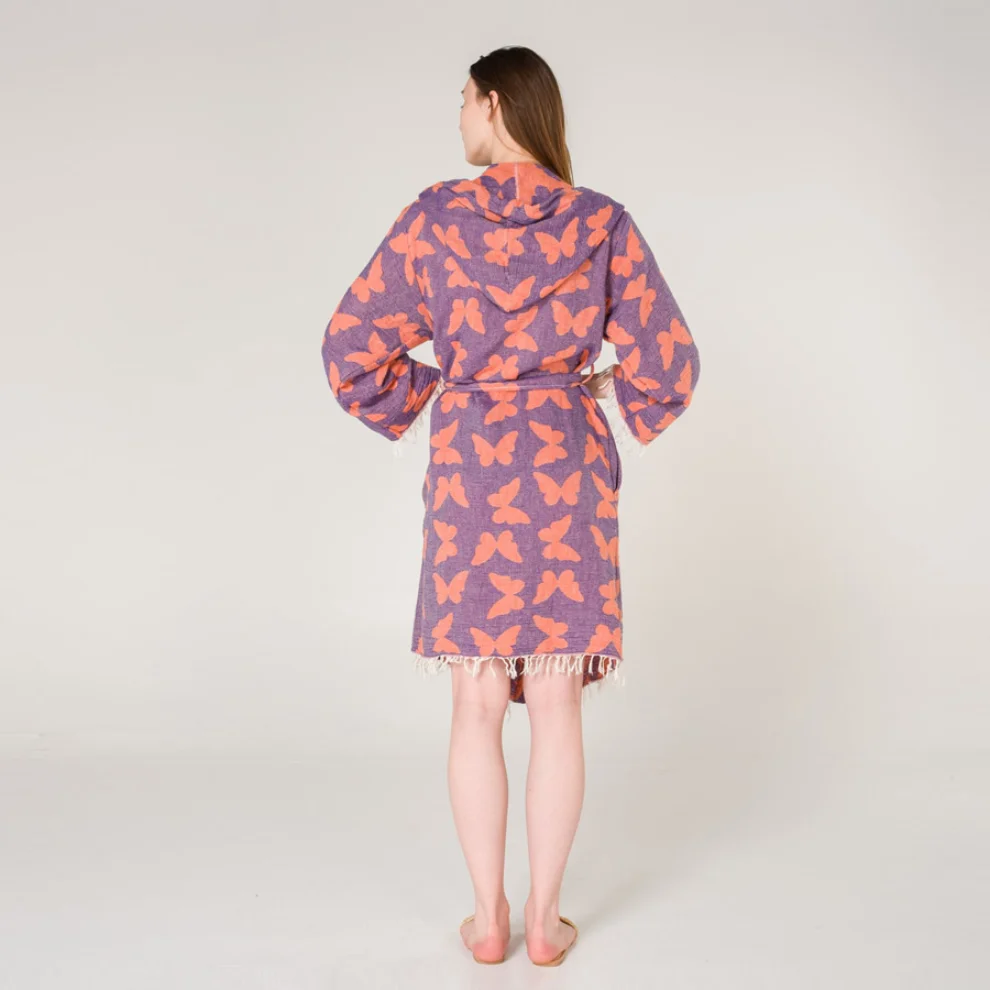 Miespiga - Butterfly Patterned Hooded Short Women's Peshtemal Bathrobe