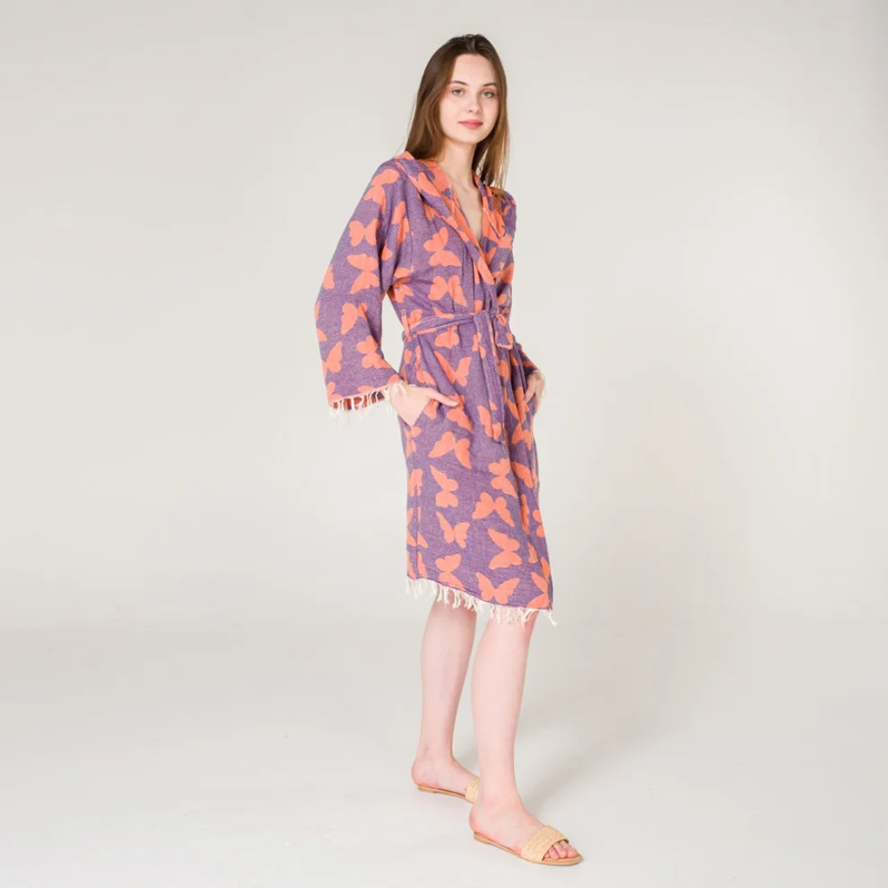 Miespiga - Butterfly Patterned Hooded Short Women's Peshtemal Bathrobe