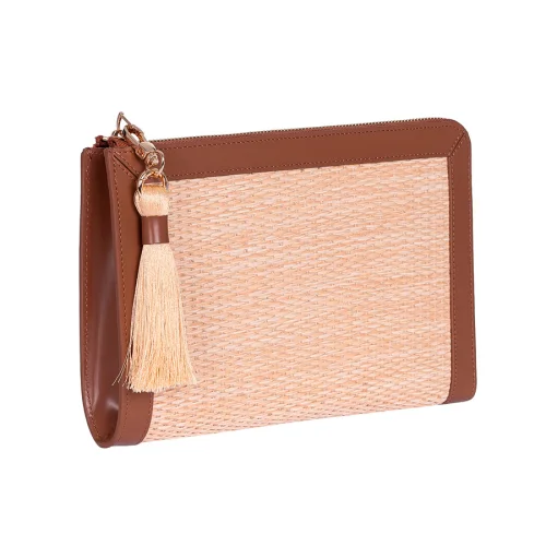 Khilios - Laura Leather Detailed Raffia Women's Clutch