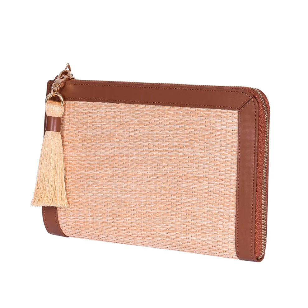 Khilios - Laura Leather Detailed Raffia Women's Clutch