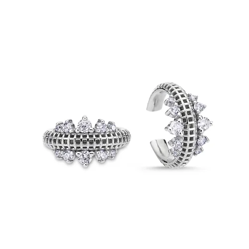Pacal - Two Sided Princess Semita Kıkırdak Küpesi - Rodyum Kaplama Beyaz Taşlı Gümüş Deliksiz Ear Cuff Küpe