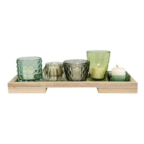 Warm Design - Set Of 5 Candle Holders With Wooden Tray