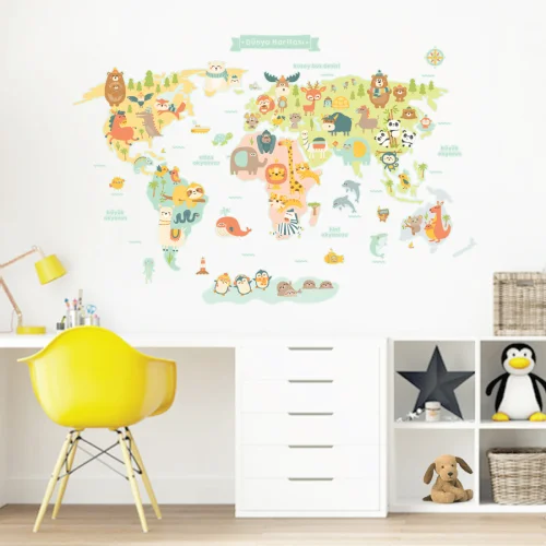 Jüppo - Hayvanlar Alemi - Dünya Haritası Duvar Sticker