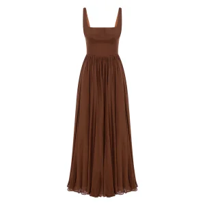 Silk Square Collar, Flared Flare Midi Dress