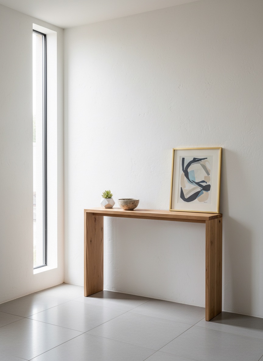 Minimalist bir koridorda dar ahşap dresuar