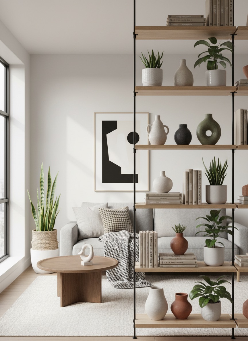 Modern bir yaşam alanında açık raflı kitaplık