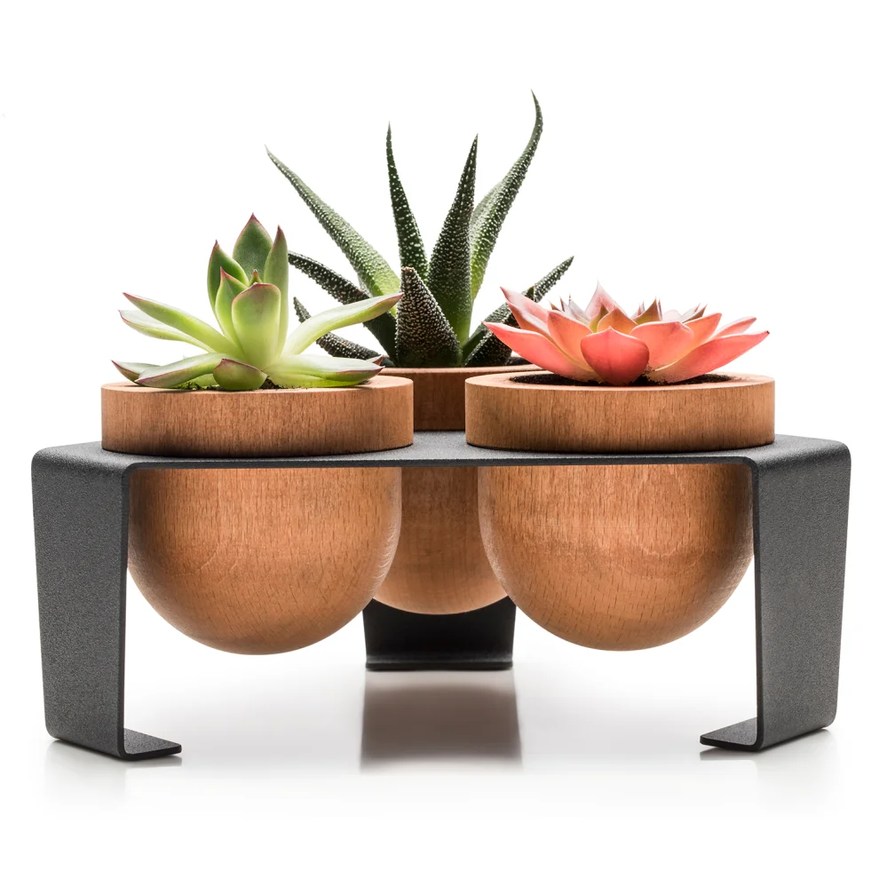 Halohope Design - Dew Planter Set Of 3 Oak Pots On A Metal Stand