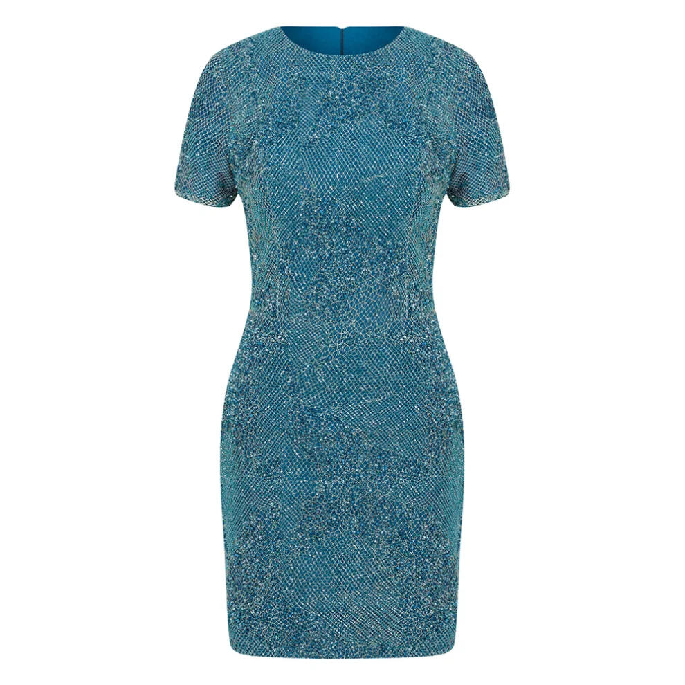 Nazan Çakır - Short Sleeve Imported Lace Beaded Mini Evening Dress