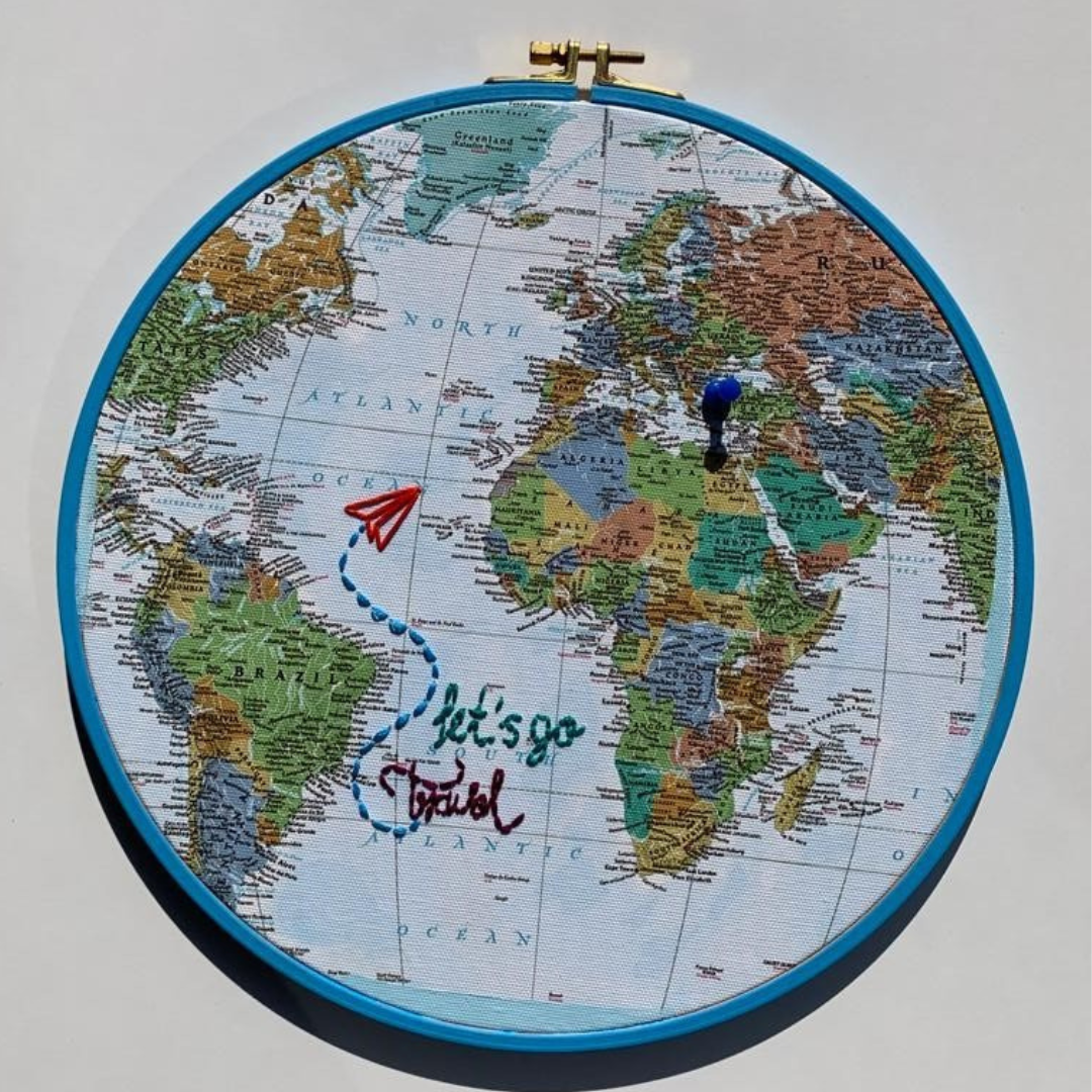 World Map Printed Embroidery Hoop Art