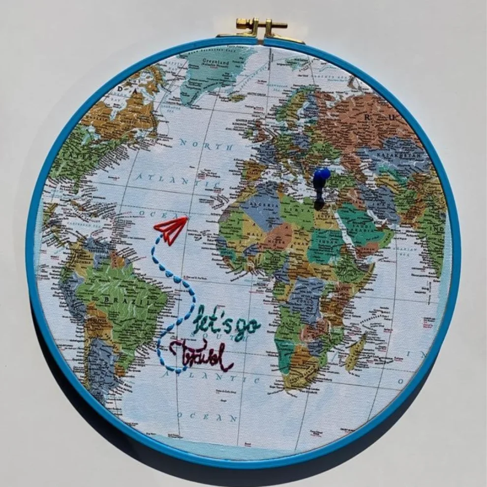 Granny's Hoop - World Map Printed Embroidery Hoop Art