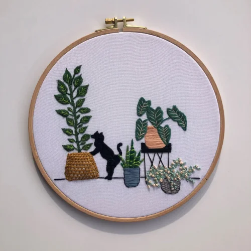 DEAR HOME - Plants With Cat Hoop Embroidery Art