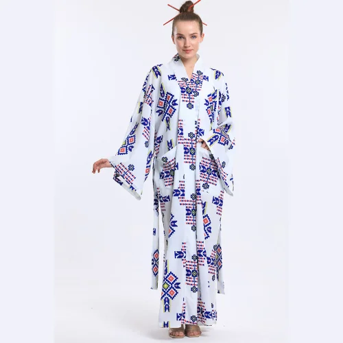 Masuwerte - Kimono Desenli Düz Kol Pareo