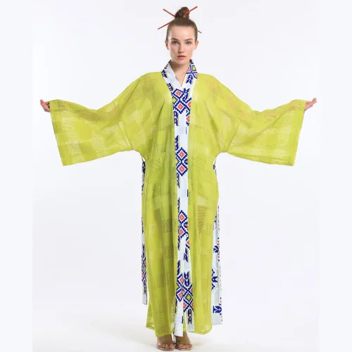 Masuwerte - Desenli Geniş Kol Pareo Uzun Kimono