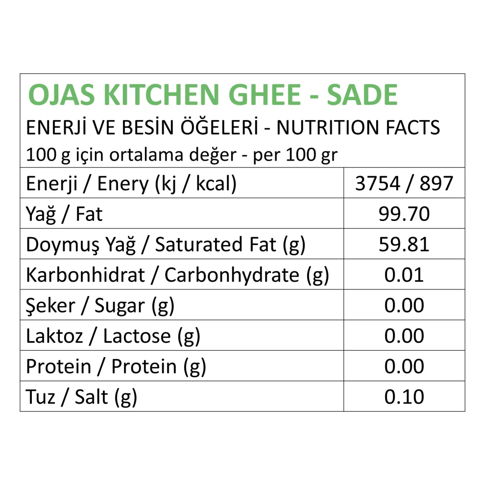 Ojas Kitchen - Sade Ghee 225 Gr - Laktozsuz Gdo'suz - Saf Yağ / Sadeyağ
