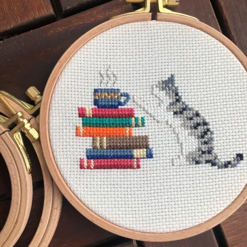 Granny's Hoop - Books & Cat Cross Stitch Hoop Art