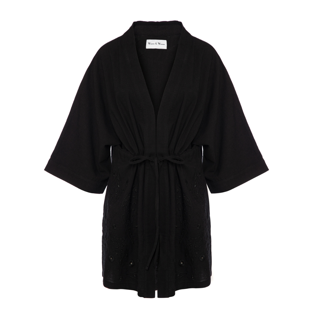 Women & Women Alexandria Cotton Embroidered Short Kimono One Size